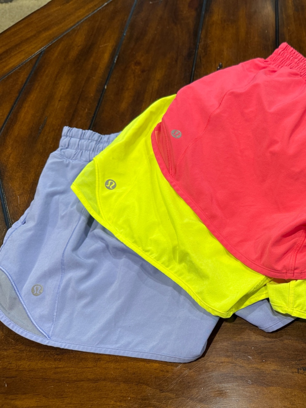 lululemon athletica women’s Active Shorts in Coral, Neon Yellow & Lavender